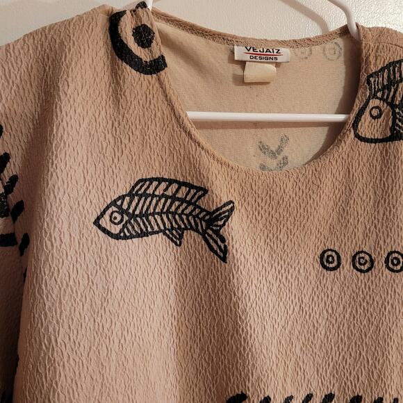 Vtg 80s Vejaiz Crinkle Gauze Shirt Fish Print Shoulder Pads Oversized Boxy Top - Picture 2 of 10